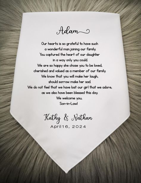 Welcome Son In Law To Family, Handkerchief Gift Ideas, Wedding Day Gift For Groom, Son In Law Gifts, Bride Speech, Future Son, Gift For Groom, Wedding Handkerchief, Gift Envelope