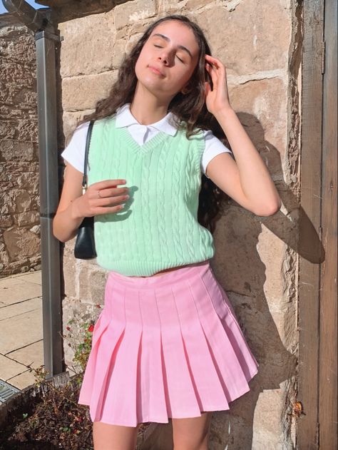 Pink Tennis Skirt Outfit Aesthetic, Pink And Mint Outfit, Mint Green And Pink Outfit, Mint Green Vest Outfit, Mint Vest Outfit, Green Pink Outfit, Green Sweater Vest Outfit, Mint Skirt Outfit, Pink Green Outfit