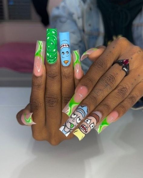 Rick And Morty Nails, Easter Nails 2023, Nails On Black Women, Spongebob Nails, Cartoon Nail Designs, Nails Disney, Summer Nails Art, Fake Nails Designs, Halloween Acrylic Nails