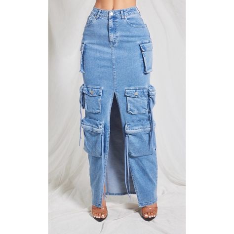 Brand New Waistband Button W/ Zipper Closure Cargo Pockets Pocket Front & Back Blue Wash Long Denim Skirt With Pockets, Denim Cargo Skirt Outfit, Denim Cargo Pants Outfit, Upcycle Jeans Skirt, Jeans Skirt Outfit, Libra Mars, Crazy Jeans, Cargo Skirt Outfit, Jean Skirt Fashion