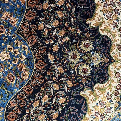 ⚜️ “Yekta (Unique)” ⚜️ A piece of super luxury that evokes the serene beauty of an oriental garden, this Isfahan design rug immerses you in rich navy blue, beige, and gold tones. Hand-knotted, it features exquisite Persian floral patterns, accented with light blue and brown hues, showcasing exceptional craftsmanship and timeless elegance. This 9’ x 12’ silk masterpiece brings an opulent touch of Persian artistry to any space. • Code: 912101 • Size: 9’ x 12’ • Color: Navy Blue/Beige/Gold • M... Turkey Design, Gold Rug, Rug Gallery, Silk Rug, Persian Carpet, Blue Aesthetic, Persian, Hand Knotted, Floral Pattern