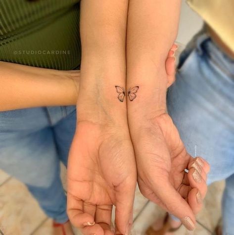 Tiny Best Friend Tattoos Butterfly, Tattoo For Duo, Matching Sister Butterfly Tattoos, Small Sister Tattoo Ideas, Maching Tattoos Bff Small, Mom And Daughter Tattoos Matching Unique, Small Matching Tattoos For Sisters, Unique Sibling Tattoos, Duo Tattoo Ideas