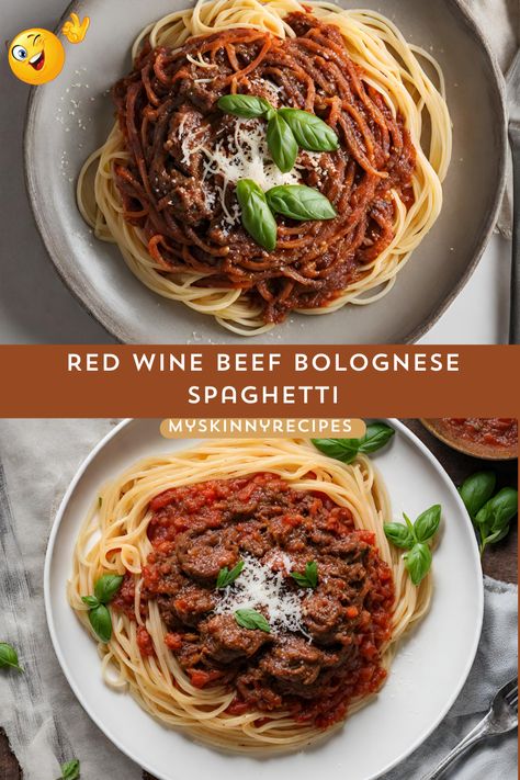 Indulge in the rich flavors of our Red Wine Beef Bolognese Spaghetti! Made with tender ground beef simmered in a savory red wine-infused tomato sauce, this classic Italian dish is perfect for a cozy night in. Serve over al dente spaghetti noodles and garnish with Parmesan cheese for a comforting meal that's sure to please. Don't forget the fresh basil leaves for a burst of freshness #myskinnyrecipes Beef Red Sauce Pasta, Bolognese Sauce With Red Wine, Red Wine Bolognese Sauce, Ground Beef And Spaghetti Noodles, Spaghetti Sauce With Red Wine, Ground Pork Spaghetti Sauce, Red Sauce Pasta Recipes Ground Beef, Beef Bolognese Recipe, Bolognese Spaghetti