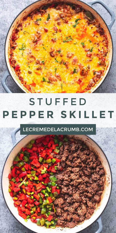 Easiest ever Stuffed Pepper Skillet one-pot meal. All the flavors of classic stuffed peppers made super quick and easy in just 20 minutes in a skillet on your stovetop! | lecremedelacrumb.com #healthy #delicious #stuffed #skilletmeals #peppers #20minutemeal #onepotmeal Easy Meals Stovetop, Easy Dinners Stovetop, Healthy Iron Skillet Recipes, Lunch Skillet Recipes, Optavia Stuffed Pepper Skillet, Supper Ideas Stovetop, Quick Healthy One Pot Meals, Protein Skillet Meals, One Pot Stuffed Peppers