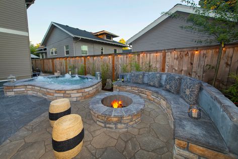 In Ground Hot Tub, Vertical Garden Design, Outdoor Fireplace Designs, In Ground Spa, Luxury Landscaping, Sloped Backyard, Hot Tub Backyard, Outdoor Patio Designs, Backyard Gazebo