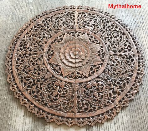 Teak Wood Art, Bohemian Headboard, Wooden Wall Art Panels, Wood Art Panels, Thai Decor, Round Bed, Lotus Flower Mandala, Mandala Wall Decor, Carved Wood Wall Art