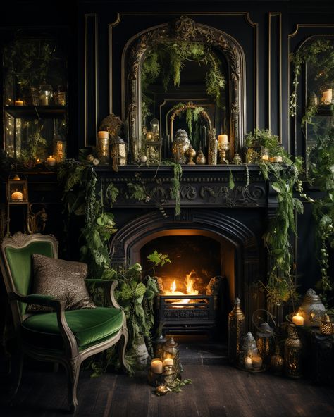 Black Green Furniture, Green Victorian House Interior, Green And Black Fireplace, Slytherin Aesthetic Living Room, Moody Fireplace Room, Dark Victorian Aesthetic Living Room, Gothic Fireplace Decor, Dark Green Victorian Bedroom, Bohemian Gothic Decor Living Room