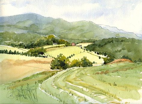 Shenandoah Painting, Watercolor Scenery, Pretty View, Watercolor Art Landscape, Watercolor Paintings For Beginners, Watercolor Sketchbook, Watercolor Painting Techniques, Tableau Art, Country Side