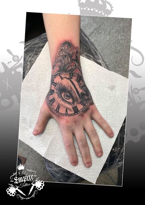 Stunning clock and eye tattoo done by Joel on the clients hand. client sat amazingly trough the whole thing!👁😍 #handtattoo #clock #clocktattoo #eye #eyetattoo #armsleeve #sleeveprogress Clock Tattoo, Eye Tattoo, Arm Sleeve, Hand Tattoos, Skull Tattoo, The Whole, Clock, Tattoos