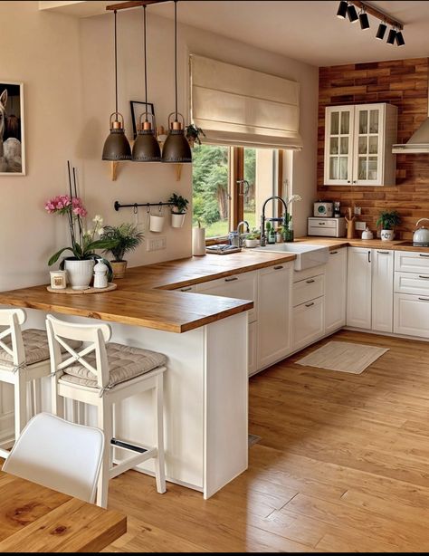 House Interior Simple, Small Space Kitchen Island, Normal Kitchen, Big Cozy Kitchen, Cute Small Houses Interior, Farmhouse Kitchen Living Room Combo, Small Kitchen Inspo Aesthetic, Cozy Minimalist Kitchen, Rectangle Kitchen