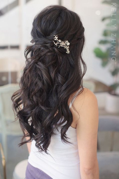 Wedding Hairstyles Dark Hair Down, Half Up Asian Hair, Wedding Hairstyles Half Up Half Down Dark Hair, Bridal Hairstyles For Dark Hair, Bride Hairstyles Brunette Half Up, Bridal Hair Half Up Brunette Medium Length, Half Up Half Down With Hair Comb, Formal Hairstyles Asian Hair, Wedding Hair Asian Half Up