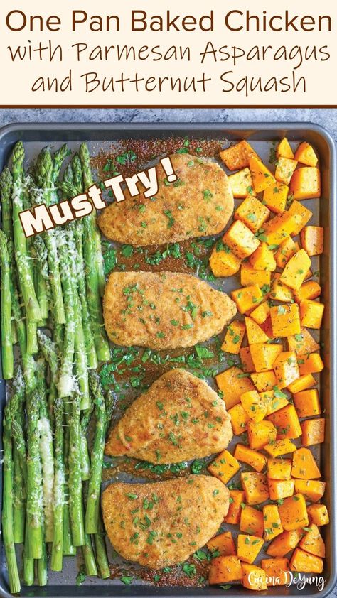 One Pan Baked Chicken with Parmesan Asparagus and Butternut Squash One Pan Baked Chicken, Pan Baked Chicken, Chicken With Butternut Squash, Parmesan Asparagus, Drinks Recipe, Easy Sheet Pan Dinners, Sheet Pan Dinners Recipes, Pan Chicken, Sheet Pan Dinners