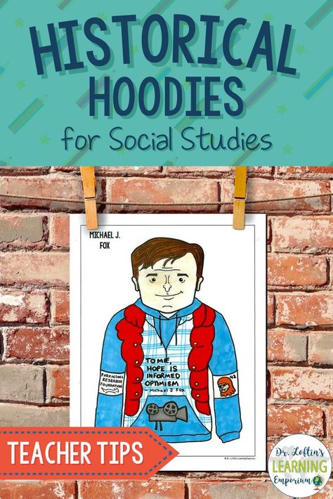 Engage your students with this super fun social studies activity that integrates art and literacy and makes a great end of year review! Students will think critically about their chosen or assigned historical figure, time period, or major event as they apply their knowledge to design a custom hoodie. Before getting started with the design process, students can read a short article or view the included PowerPoint presentation to learn about the 3,000 year history of hoodies and their design. Social Studies Games Elementary, Social Studies End Of Year Activities, Social Studies Art Projects, Social Studies Project Ideas, Social Studies Projects Middle School, Middle School Social Studies Classroom, Middle School Social Studies, Social Studies Centers, Social Studies Games