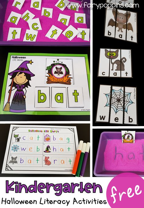 These FREE kindergarten literacy activities help kids learn about CVC words. They feature a cute Halloween theme. Kids can explore Halloween CVC words using a sensory tray, puzzles, word mat or worksheet. #freehalloweenactivities #kindergartenliteracy #cvcwords #kindergartencenters #halloweencenters #halloweenprintables #halloweenliteracy #kindergartenspelling #cvcactivities #kindergartenphonics #phonological awareness Kindergarten Literacy Activities, Halloween Literacy Activities, Activities For Halloween, Halloween Literacy, Halloween Centers, Sensory Tray, Fun Halloween Activities, Literacy Activities Kindergarten, Halloween Themed Activities