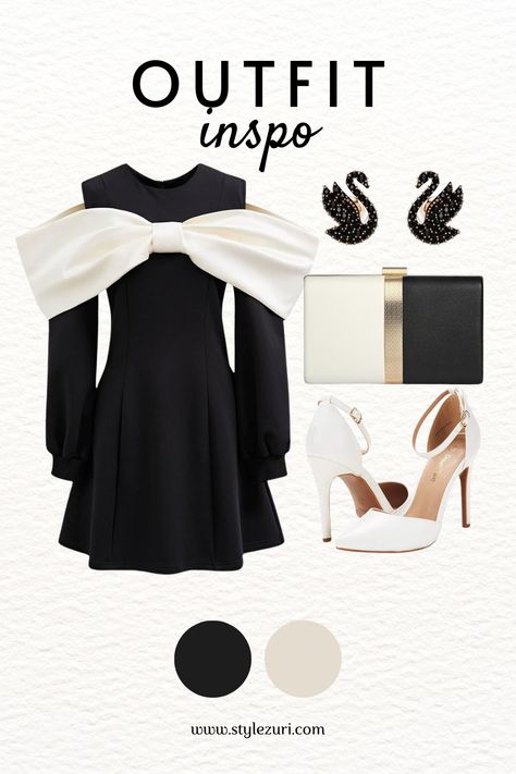 This black and white ensemble is ideal for a semi-formal event where you want to keep things chic and classy. The big bow and matching accessories add a playful touch to this sophisticated look. Bow Outfit, Black Dress Outfit, Little Black Dress Outfit, Monochrome Style, Black Dress Outfits, Monochrome Fashion, Stylish Outfit, Big Bow, Matching Accessories