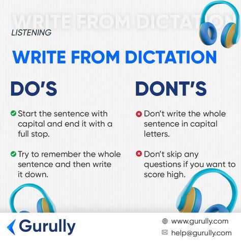 Things to remember while attempting the Listening Write from Dictation type. (Do's & Don't) Stay tuned with us for more tips and tricks @ gurully.com #tipsoftheweek #listeningwritefromdictation #ptewritefromdictation #ptelisteningwritefromdictation #listeningwritefromdictationpte #listeningwritefromdictationinpte #listeningwritefromdictationforpte #ptelisteningwritefromdictationtips #ptetricks #ptelisteningwritefromdictationtipsandtricks #pteexam #gurully #gurullytipsandtricks #gurullytips Pte Exam, Pte Academic, Good Morning Sunshine Quotes, Exams Tips, Things To Remember, Good Morning Sunshine, Try To Remember, Learn English Words, English Vocabulary Words