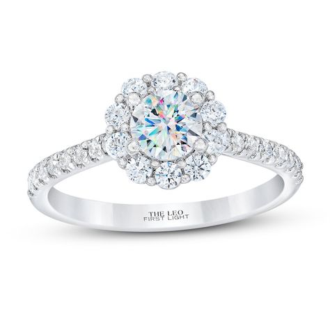 SKU #993446400 Brilliant 1/2 carat round-cut First Light center diamond. From Leo Schachter,the independently-certified diamond features Fire Prism technology that creates infinite flashes of color for more fire and sparkle. Total weight (CT. T.W.): 1 Center stone T.W.: 1/2 Color: I Clarity: I1 Certified diamond: yes Stone shape: round Stone setting: prong Metal: 14k white gold Used Engagement Rings, Kay Jewelers Engagement Rings, Mens Wedding Rings Vintage, Vintage Style Engagement Rings, Engagement Ring For Her, Diamond Wedding Rings Sets, Round Engagement Rings, Dream Engagement, Beautiful Engagement Rings