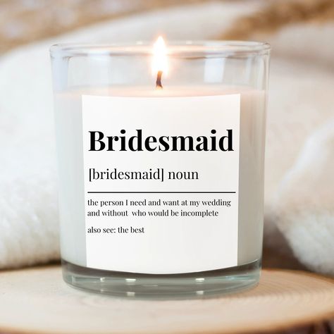 Free Delivery across the UK - Bridesmaid Personalised Definition Candle | Label | Bridesmaid Proposal Candle Gift | Noun Definition | Gifts For Bridesmaid Wedding Candle ----------------------------------------------------------- - Choose LABEL ONLY or CANDLE + LABEL - Each candle comes with a 50x50mm label - The candles are vanilla-scented -> More wedding candle/label collections: https://www.etsy.com/uk/shop/TuliLabels?ref=seller-platform-mcnav&section_id=36994410 - If you have any corporate o Bridesmaid Proposal With Candle, Cricut Candle Labels Bridesmaid, Bride Candle Gift, Bridesmaid Definition Candle, Bridesmaid Proposal Candle, Medical School Gift, Proposal Candles, Birthday Necklace Gift, Mother Card