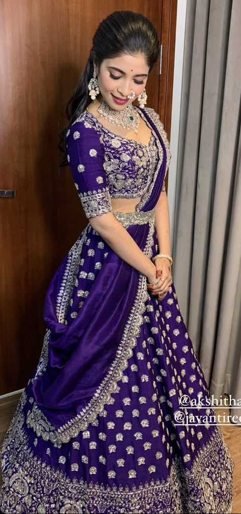 Purple Lehenga Bridal, Jayanthi Reddy, Lehenga Jewellery Ideas, Lehenga For Girls, Purple Lehenga, Blue Blouse Designs, Lehenga Saree Design, Simple Frocks, Lehenga Gown