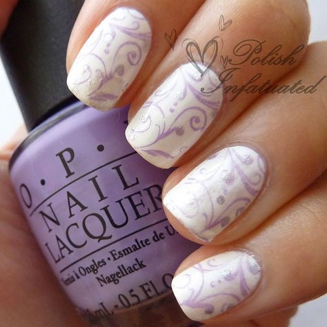 Purple, white and silver nails Wedding Nails Lavender, Trendy Wedding Nails, Purple Wedding Nails, Nails Lavender, Nail Stamp Kit, Wedding Nail Polish, Nails For Bride, Elegant Nail Art, Purple Nail Polish