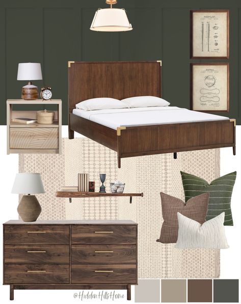 Green and brown boys bedroom decor mood board Green Bedroom Men, Hunter Green Boys Room, Teen Boy Bedroom Green, Brown Wood Bedroom Ideas, Boys Green Bedroom, Boys Green Bedroom Ideas, Walnut Bedroom Ideas, Green Brown Bedroom, Brown And Green Bedroom