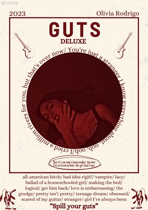 Guts deluxe- guts- Olivia Rodrigo- poster- music poster Guts Deluxe Tracks Olivia Rodrigo, Olivia Rodrigo Guts Poster, Guts Deluxe, Song Posters, Olivia Lyrics, Minimalist Music, Olivia + Core + Aesthetic, Poster Music, Lyric Poster