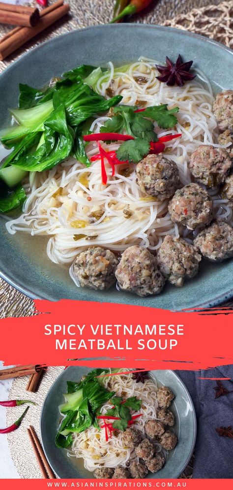 Light and hearty noodle soup with aromatic meatballs, this Spicy Vietnamese Meatball Soup recipe is simple and easy to cook. Try now! Recipe by Asian Inspirations. #spicyvietnamesemeatballsoup #spicysoup #spicysouprecipes #asianfoodrecipes #asianspicysoup #vietnamesemeatballsoup #vietnamesemeatballsouprecipe #meatball #meatballsouprecipes #spicymeatballsoup #vietnamesefood #vietnamesefoodrecipes #vietnameserecipes #soup #souprecipes Pork Meatball Soup, Vietnamese Recipes Chicken, Vietnamese Meatballs, Spicy Soup Recipes, Soup Asian, Easy Vietnamese Recipes, Asian Soup Recipes, Meatball Soup Recipes, Vietnamese Soup