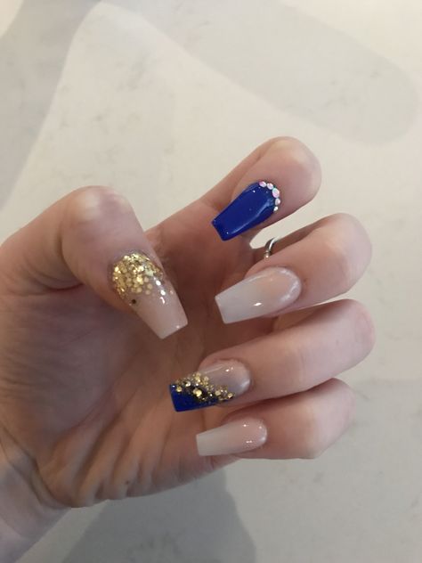 Royal Blue White And Gold Nails, Royal Blue And Gold Nail Designs, Gold And Royal Blue Nails, Blue And Gold Nail Ideas, Royal Blue And Gold Nails For Quince, Royal Blue Nails With Gold, Royal Blue And Gold Acrylic Nails, Blue And Gold Acrylic Nails, Gold And Blue Nails