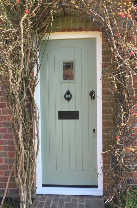 Chartwell green painted timber door Country Style Doors Interior, Green Wooden Front Door, Green Front Door Log Cabin, Green Front Door With Side Panels, Sage Green Composite Front Door, Front Door Cottage Style, Safe Green Front Door, Front Door Sage Green, Front Door Ideas Cottage