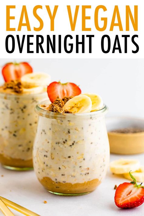 These vegan overnight oats are so easy to make and have a delicious peanut butter flavor. Just prep, soak and wake up to a tasty breakfast. Fast Overnight Oats, Peanut Butter Overnight Oats, Vegan Overnight Oats, Healthy Oatmeal Recipes, Daniel Fast Recipes, Peanut Butter Roll, Vegan Brunch, Tasty Breakfast, Healthy Snacking