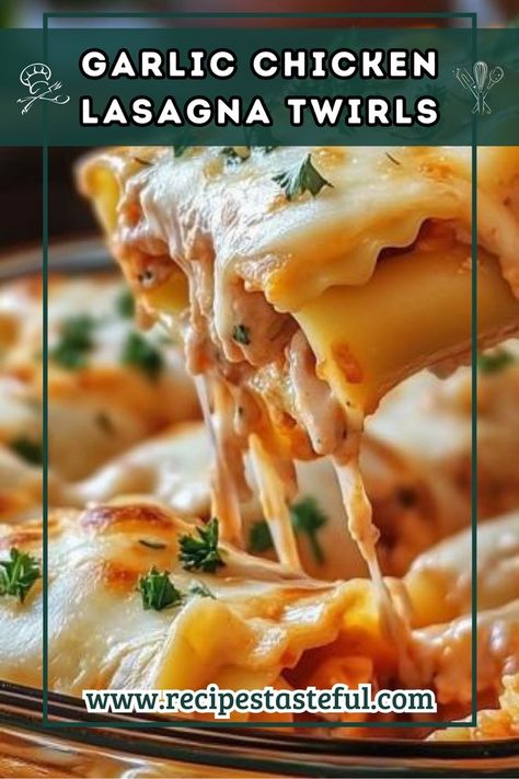 These Garlic Chicken Lasagna Twirls are a delightful twist on traditional lasagna, featuring tender lasagna noodles rolled with a creamy chicken and cheese filling, topped with bubbly mozzarella. Perfect for family dinners or gatherings! Chicken And Cheese, Traditional Lasagna, Lasagna Noodles, Cheese Lasagna, Classic Lasagna, Chicken Lasagna, Ricotta Pasta, No Noodle Lasagna, Quick Weeknight Meals