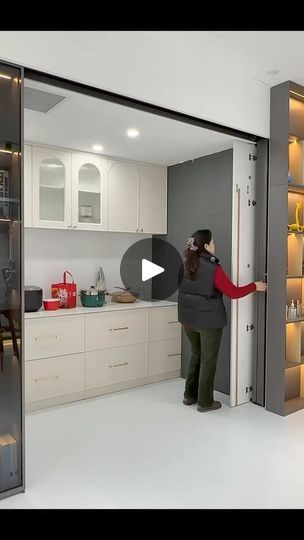 Hidden Sliding Door, Sliding Cabinet, Sliding Door Design, 3d Decor, Home Decor Crate, Hanging Rail, March 17, Black Kitchens, Beautiful Kitchens