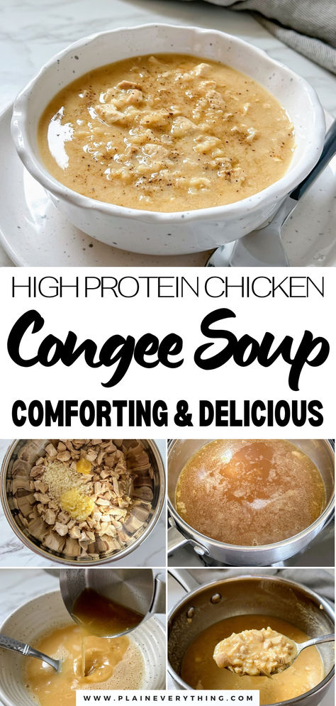 Chicken Congee Soup | High Protein + Gut Healing Leaky Gut Soup, What To Do With Chicken Broth, Jaw Wired Shut Recipes Liquid Diet, Gut Healing Meals, Chicken Congee Recipe, Soup High Protein, Collagen Soup, Healing Chicken Soup, Gut Healing Soup