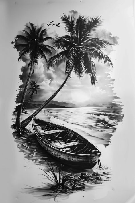 Beach Tattoo Design, Sunset Tattoo Design, Oasis Tattoo, Cyberciligism Tattoo, Sunset Tattoo, Realistic Skull, Island Tattoo, Scene Tattoo, Timeless Tattoo