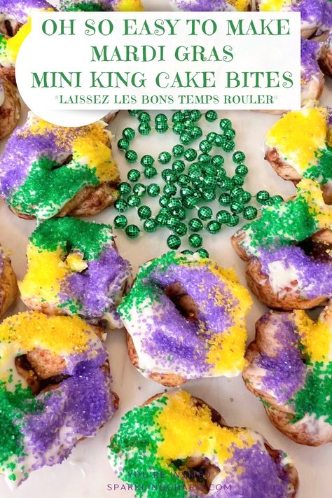 Easy Mini King Cake Bites with a Sprinkle and A Twist. Mardi Gras means King Cake and everything mini is fun to eat! These Mini King Cake Bites with a Sprinkle and a twist covered in homemade cream cheese glaze are a party pleaser! #madigras #kingcake #kingcakebites #mardigrasparty Mardi Gras Desserts, King Cake Bites, Mardi Gras Cake, Madi Gras, King Cake Recipe, Homemade Cream Cheese, Homemade Donuts Recipe, Mardi Gras King Cake, Mardi Gras Food