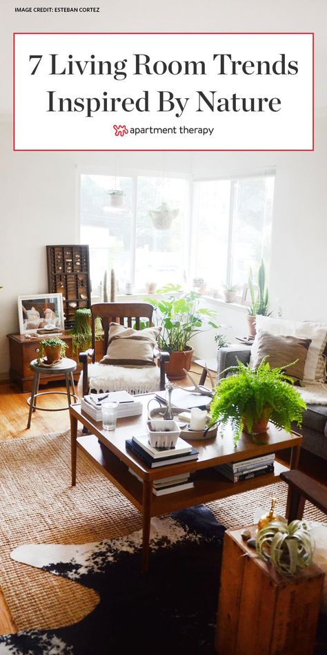 Want to bring some of the beauty of the great outdoors into your living room? These seven nature-inspired trends can take you there.  #livingroomtrends #livingroomideas #livingrooms #plants #houseplants #indoorplants #hometrends #2020hometrends Big House Plants, Nature Inspired Living Room, Palm Print Wallpaper, Bungalow Living Room, Room Nature, Coastal Cabin, Natural Interior Design, Nature Living, Nature Room