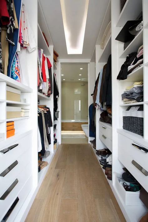 Closet To Bathroom, Narrow Walk In Closet, Walk In Closet Layout, Small Closet Design, Narrow Closet, Closet Dimensions, Walk Through Closet, Small Walk In Closet, Contemporary Closet