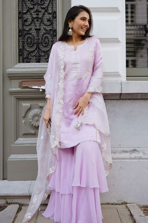 Buy #lavender short #kurta with gota #patti #embroidery by #SurabhiArya at #Aza #Fashions Shop online now at #Azafashions.com Call +91 99870 70743 or email contactus@azafashions.com for enquiries. Traditional Dresses Indian, Sharara Designs, Haldi Outfits, Kurta Sharara Set, Organza Embroidery, Reception Outfit, Kurta Sharara, Georgette Dupatta, Eid Dresses