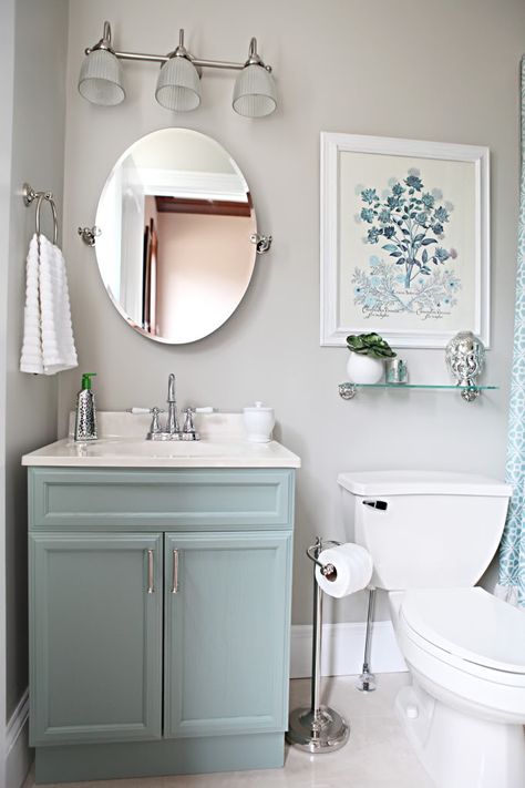 Half Bath Paint Colors, Small Half Baths, Half Bathroom Decor, Blue Bathroom Vanity, Bath Paint, Blue Vanity, Painted Vanity, Gray Walls, Bad Inspiration