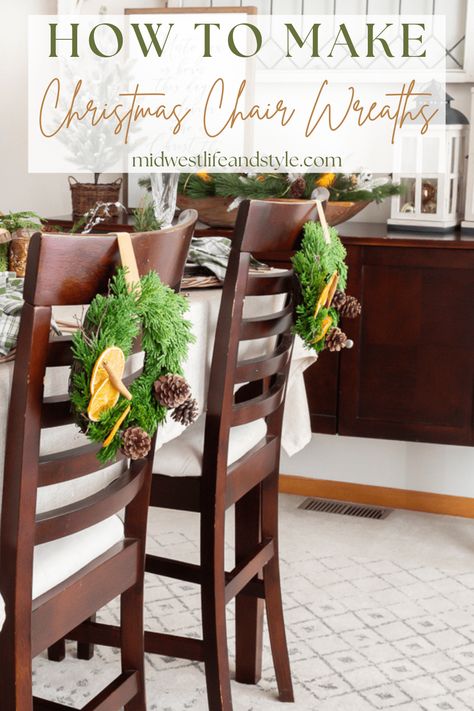 How To Make Festive Chair Wreaths For Christmas - Midwest Life and Style Blog Chair Wreaths, Farmhouse Christmas Diy, Christmas Boxwood, Winter Hanging Baskets, Boxwood Wreath Christmas, Champagne Christmas Tree, Seasonal Centerpieces, Christmas Tree Box Stand, Wreaths For Christmas