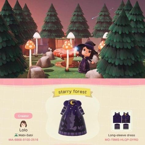 Animal Crossing Witch Clothes, Starry Forest, Witchy Forest, Acnh Fashion, Dream Address, Animal Crossing New Horizon, Forest Dress, Pear Cider, Acnh Clothes