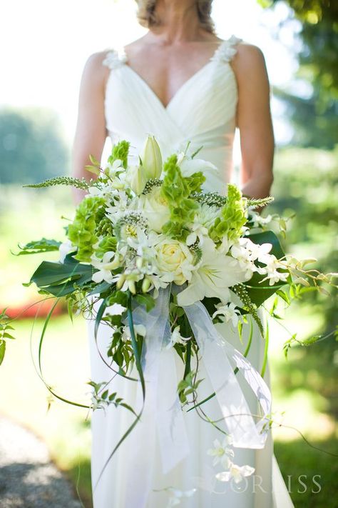 Green & white wedding bouquet - Bells of Ireland flowers.: Green White Wedding, White Rose Bridal Bouquet, Green And White Flowers, Bells Of Ireland, Cheap Wedding Flowers, Ireland Wedding, White Bridal Bouquet, Cascade Bouquet, White Wedding Bouquets