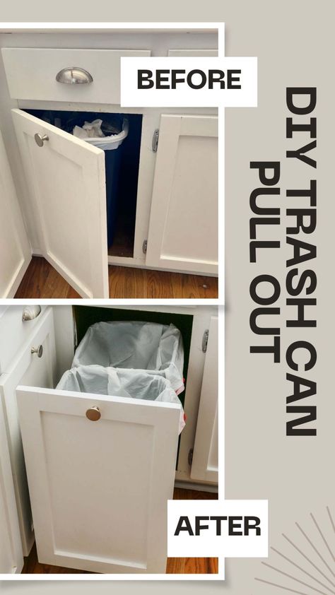 diy kitchen trash can storage ideas How To Make A Pull Out Trash Can Cabinet, Trash Can Small Kitchen, Trash Can Inside Cabinet, Garbage Can In Pantry, Pull Out Trash And Recycling, Diy Trash Can Cabinet Coffee Bar, Kitchen Cabinet Trash Can Ideas, Pullout Garbage Cabinet, How To Hide Kitchen Trash Can