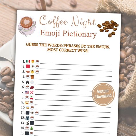 Get ready for a fun Coffee Night with our Emoji Pictionary Game! It's all about using emojis to guess coffee-related phrases in this enjoyable activity. You'll have a blast testing your creativity and emoji skills, adding a playful element to your coffee-themed gatherings. ⭐️ What it is: Coffee Night Emoji Pictionary Game is a party game. Can you guess what these emoji means? Let's find it out with your friend and family!! It is an instant DIGITAL DOWNLOAD - nothing physical will be mailed. 💰SAVE 25 - 40 % off with our link (copy & paste)💰 🔗 https://mailchi.mp/630ee1467858/funnyprintconnect ⭐️ Size: This file is US Letter size (8.5" x 11") exactly and prints well on a printer! ⭐️ What you'll get: 3 PDF file. - A file included Coffee Night Emoji Pictionary Game (8.5" x 11") (Questions). Emoji Means, Printable Word Games, Coffee Night, Emoji Pictionary, Coffee Party, Guess The Word, Word Games, Party Game, Having A Blast