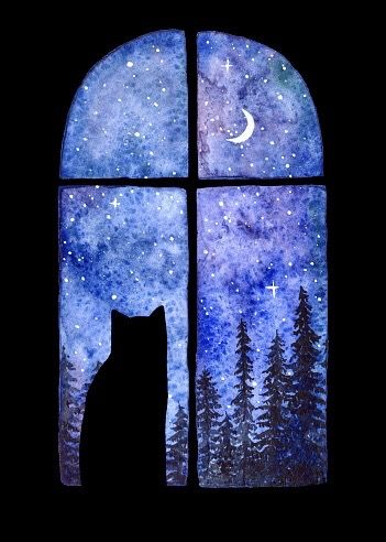 Cats Watercolor, Spruce Forest, Sky Watercolor, Silhouette Painting, Space Artwork, Relaxing Art, Diy Watercolor Painting, Galaxy Painting, Celestial Art