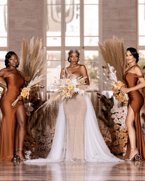 White And Brown Wedding Dress, Gold Bride Dress Wedding Ideas, Tan Wedding Dress Black Women, Brown And White Wedding Dress, Bronze And Beige Wedding, Wedding Bridesmaid Dresses Black Women, Different Shades Of Brown Wedding Theme, Champagne And Chocolate Wedding Colors, Brown Wedding Dress Black Women