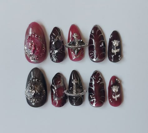 Handmade grunge goth y2k vampire Red black Silver almond re-usable Press on Nails Goth Nails Black And Red, Red And Black Goth Nails, Black Red And Silver Nails, Red Black Silver Nails, Silver Red Nails, Red Nails Y2k, Vampire Nails Designs, Punk Nails Grunge, Y2k Vampire