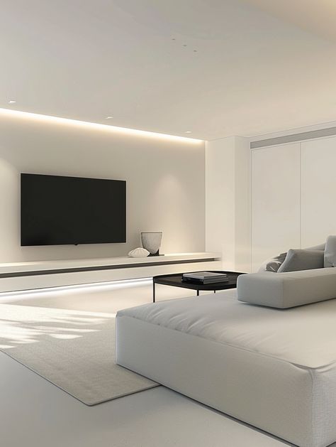 Tv Wall Design White, White Minimalist Apartment, Simple Tv Wall Ideas, Tv Wall Inspiration, Luxury Living Room Inspiration, Livng Room, Effect Light, Dorm Room Inspiration, Smart Home Design