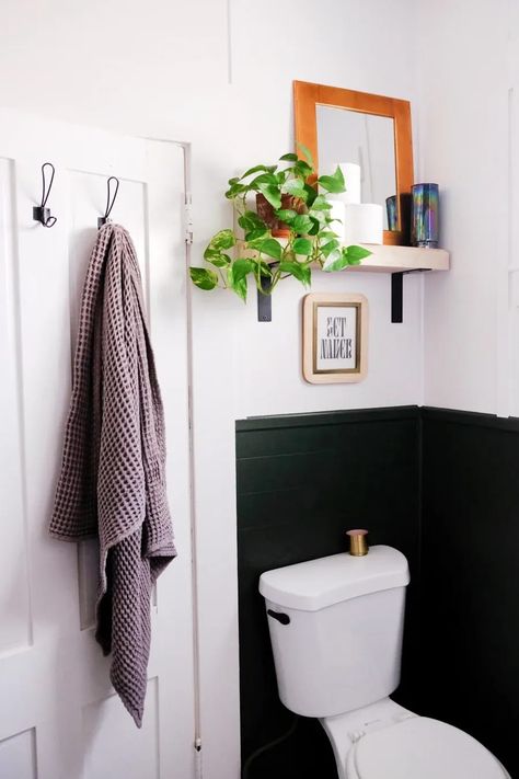 A small styled shelf above a toilet. Shelf Above Toilet, Aesthetic Bathroom Decor, Above Toilet, Shelves Above Toilet, Shelves Over Toilet, Bathroom Shelves Over Toilet, Toilet Room Decor, 20 Aesthetic, Faux Tiles