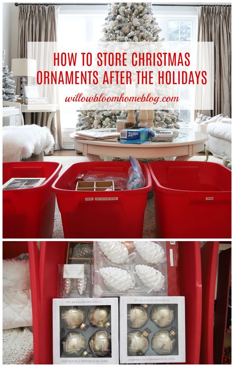 How to store Christmas ornaments after the holidays - Willow Bloom Home Large Plastic Storage Bins, Stackable Plastic Storage Bins, Cozy Winter Decor, Large Christmas Ornaments, Colonial Christmas, Christmas Décor, Plastic Storage Bins, Ornament Box, Red Decor